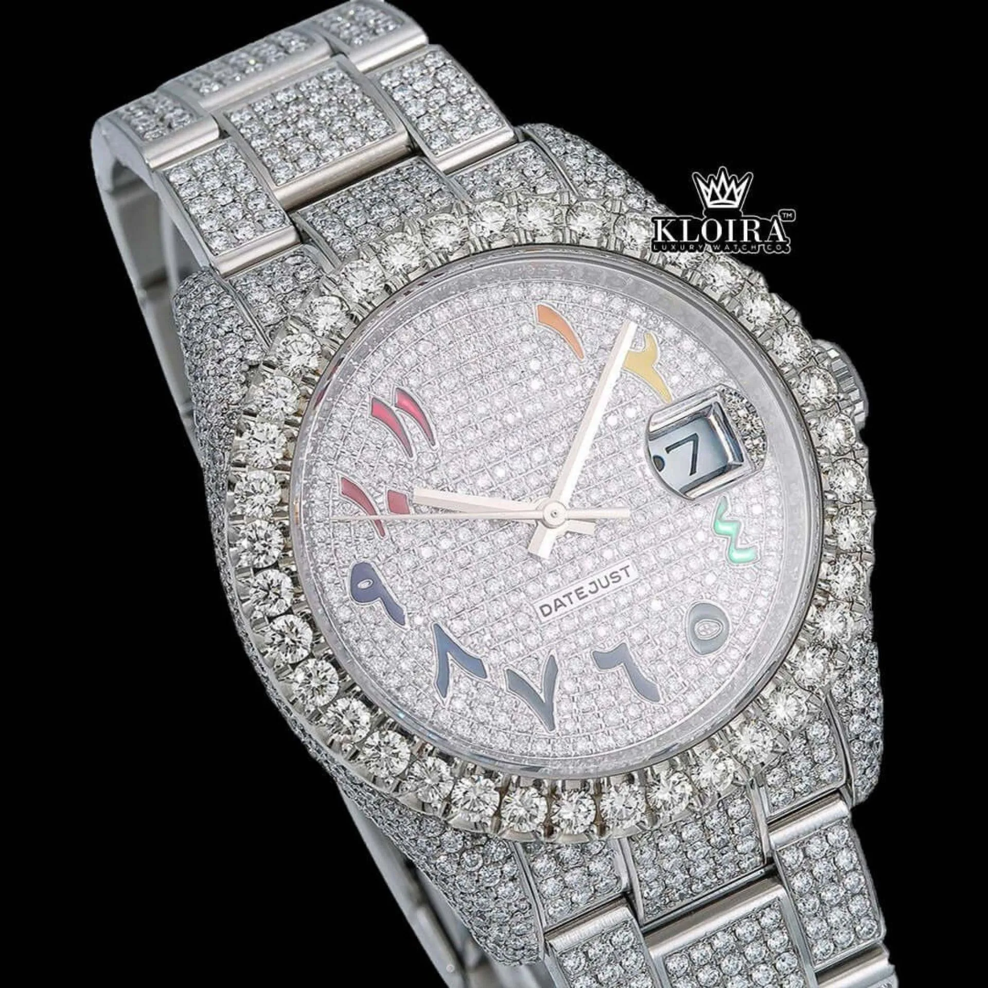 Iced out White dial rainbow Arabic Numerals Moissanite Diamond watch Close Up Dial View