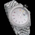 Iced Out White Dial Rainbow Stick Markers Moissanite Diamond Watch Close Up Dial View