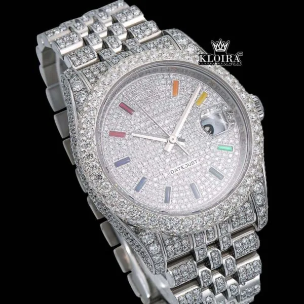 Iced Out White Dial Rainbow Stick Markers Moissanite Diamond Watch Close Up Dial View