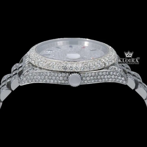 Iced Out White Dial Rainbow Stick Markers Moissanite Diamond Watch Crown View