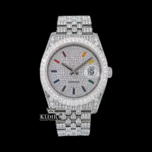 Iced Out White Dial Rainbow Stick Markers Moissanite Diamond Watch