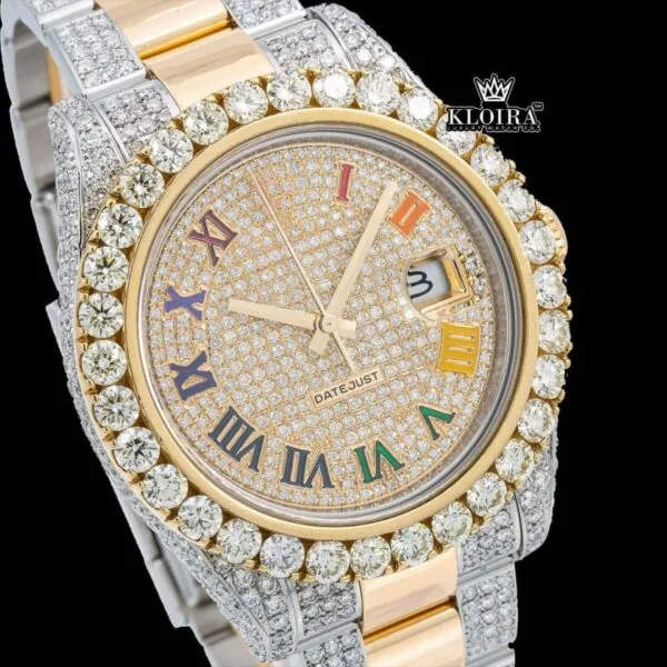 Iced Out Yellow Dial Rainbow Roman Numerals Two Tone Moissanite Watch Close Up Dial View