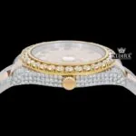 Iced Out Yellow Dial Rainbow Roman Numerals Two Tone Moissanite Watch Crown View