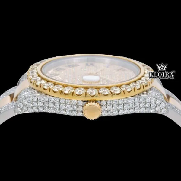 Iced Out Yellow Dial Rainbow Roman Numerals Two Tone Moissanite Watch Crown View
