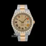 Iced Out Yellow Dial Rainbow Roman Numerals Two Tone Moissanite Watch