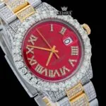 Iced Out Yellow Roman Numerals Two Tone Red Dial Watch Moissanite Watch Close Up Dial View