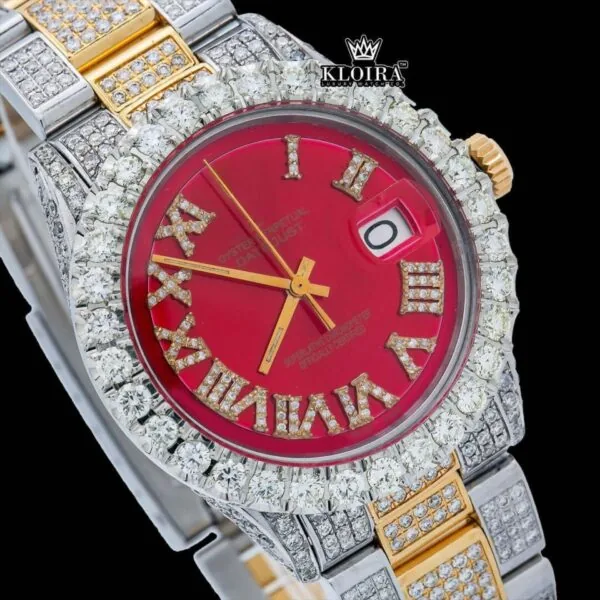 Iced Out Yellow Roman Numerals Two Tone Red Dial Watch Moissanite Watch Close Up Dial View