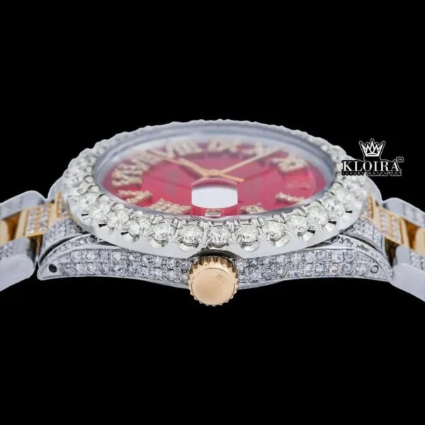Iced Out Yellow Roman Numerals Two Tone Red Dial Watch Moissanite Watch Crown View
