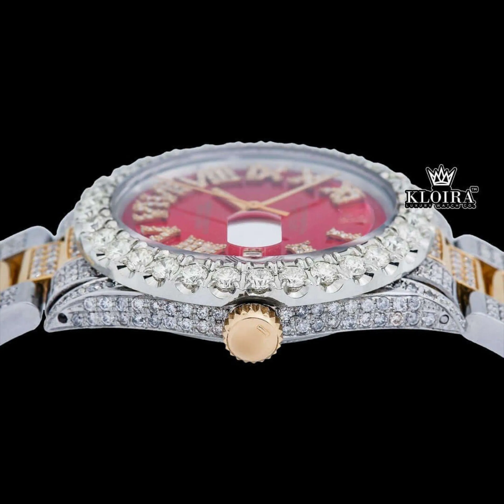Iced Out Yellow Roman Numerals Two Tone Red Dial Watch Moissanite Watch Crown View