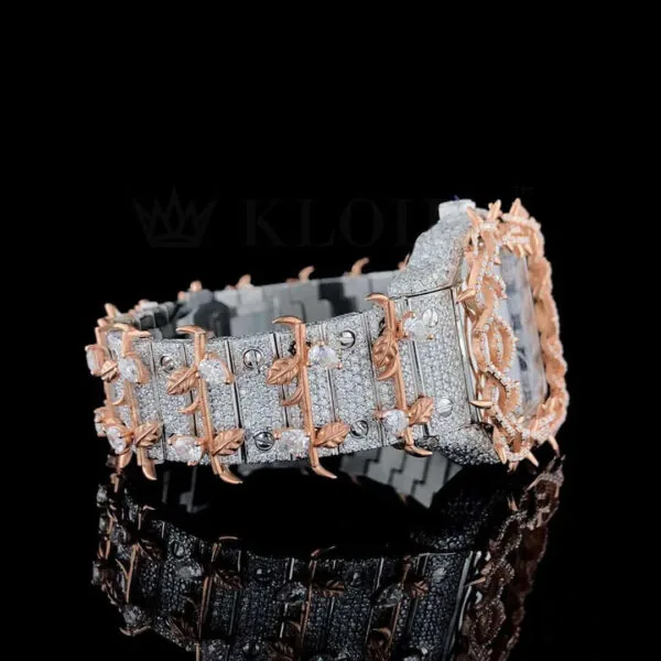 Jesus Thorn Two Tone Rose Gold Roman Numerals Moissanite Diamond Watch Left Side View