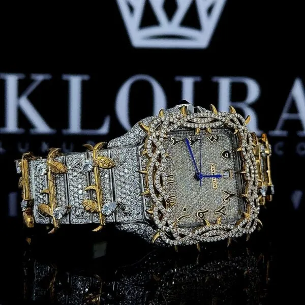 Jesus Thorn Yellow Gold Arabic Numerals Fully Iced Moissanite Diamond Watch Right Profile View
