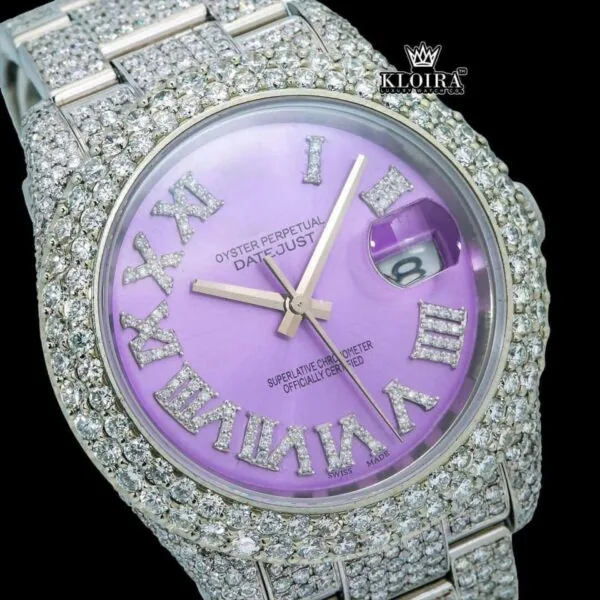 Lavender Dial Roman Numerals Iced Out Moissanite Diamond Watch Close Up Dial View
