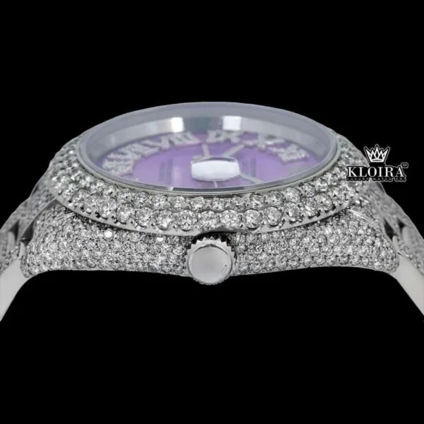 Lavender Dial Roman Numerals Iced Out Moissanite Diamond Watch Crown View