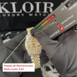 Rolex Day-Date Mother of Pearl Dial Moissanite Diamond Watch showcased with diamond tester reading Mohs scale 9.25.