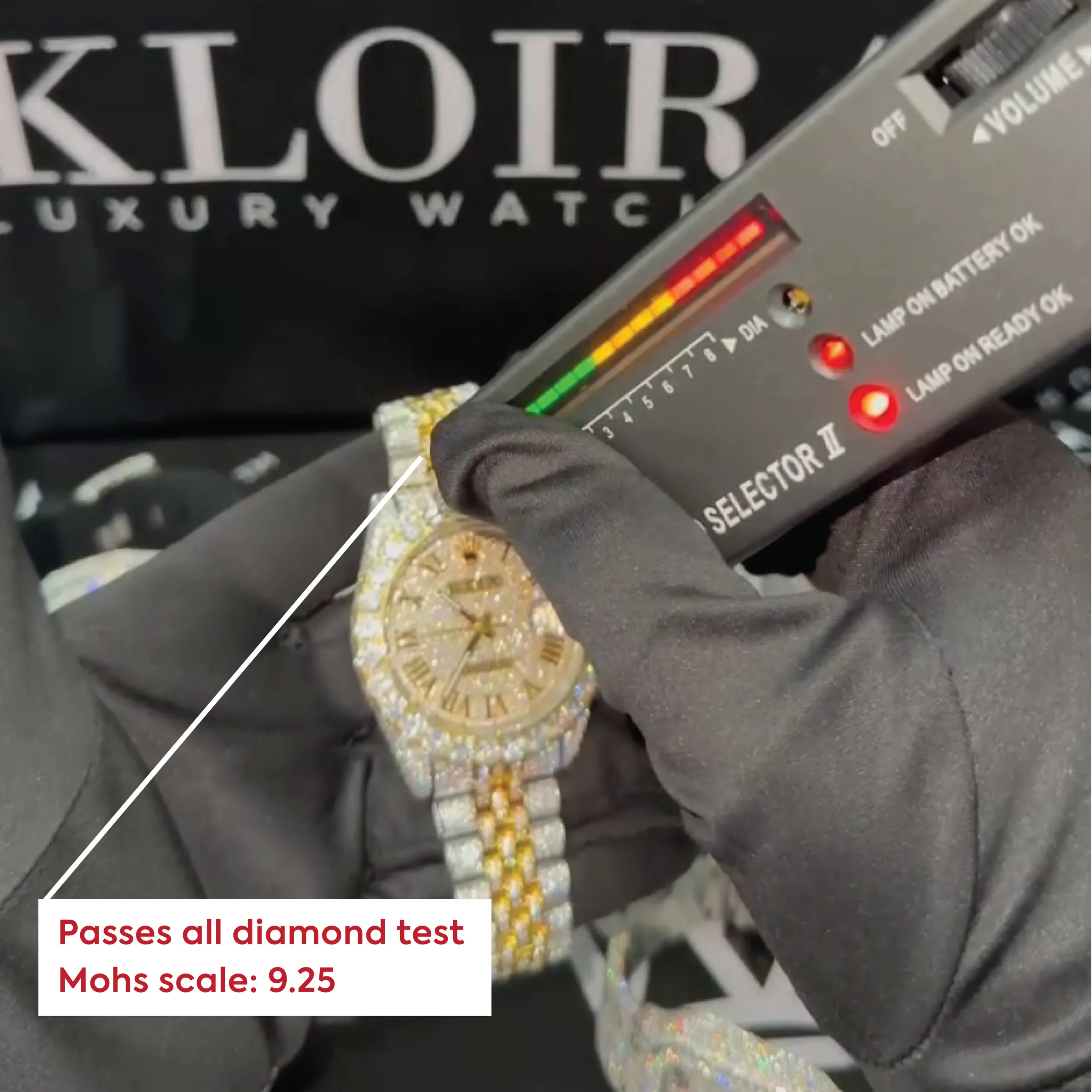 Rolex Day-Date Mother of Pearl Dial Moissanite Diamond Watch showcased with diamond tester reading Mohs scale 9.25.