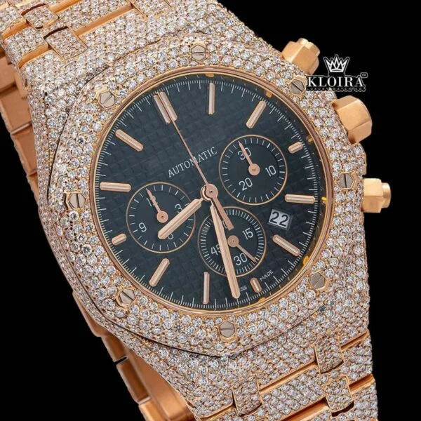 Men's Rose Gold Black Dial Iced Out Moissanite Diamond Watch Close Up Dial View