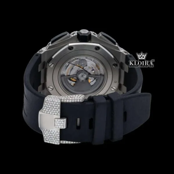 Men's Silver Iced Out Rubber Strap Moissanite Diamond Watch Caseback View