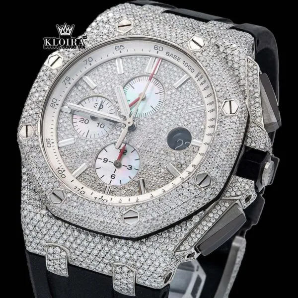Men's Silver Iced Out Rubber Strap Moissanite Diamond Watch Close Up Dial View