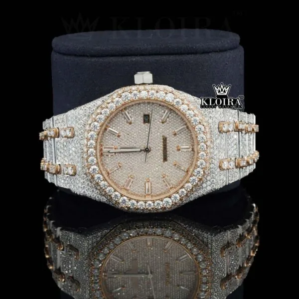 Men's Two Tone Rose Gold Iced Out Moissanite Diamond Watch Close Up Front View