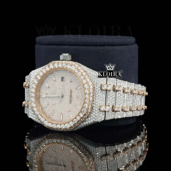 Men's Two Tone Rose Gold Iced Out Moissanite Diamond Watch Left Profile View