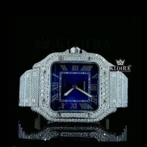 Blue Dial Roman Numerals Fully Iced Out Moissanite Diamond Watch
