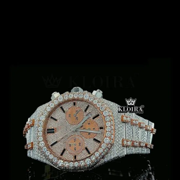 Mens Rose Gold Fully Iced Out Chronograph Moissanite Watch Left Profile View