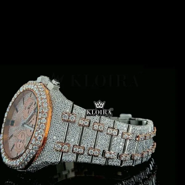 Mens Rose Gold Fully Iced Out Chronograph Moissanite Watch Left Side Bracelet View