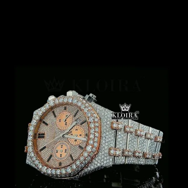 Mens Rose Gold Fully Iced Out Chronograph Moissanite Watch Left Side View