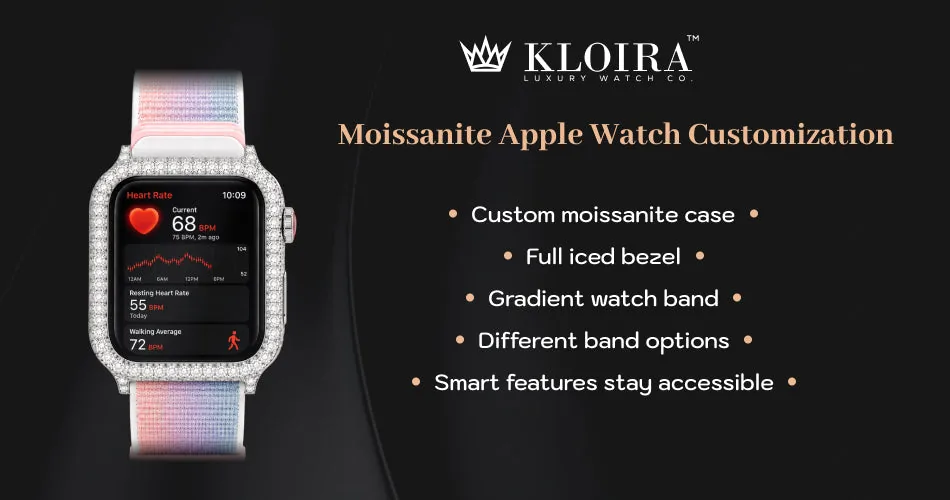 moissanite Apple Watch customization with fully iced bezel and gradient watch band