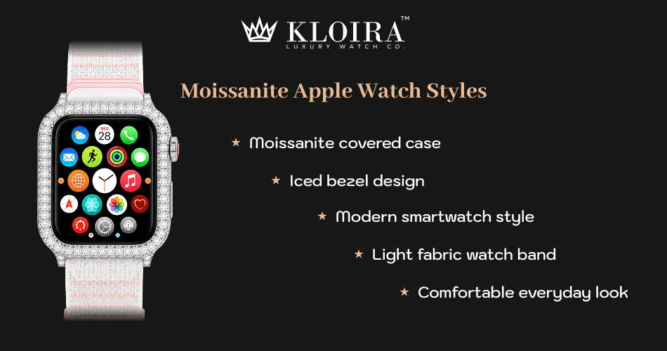moissanite Apple Watch styles with iced bezel and fabric watch band