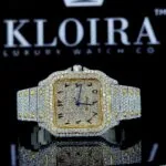 Two Tone Yellow Gold Dial Arabic Numerals Fully Iced Out Moissanite Watch