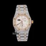 Moonphase White Dial Stick Markers Two Tone Iced Out Moissanite Watch