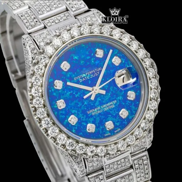 Ocean Blue Dial Diamond Markers Moissanite Diamond Watch Close Up Dial View