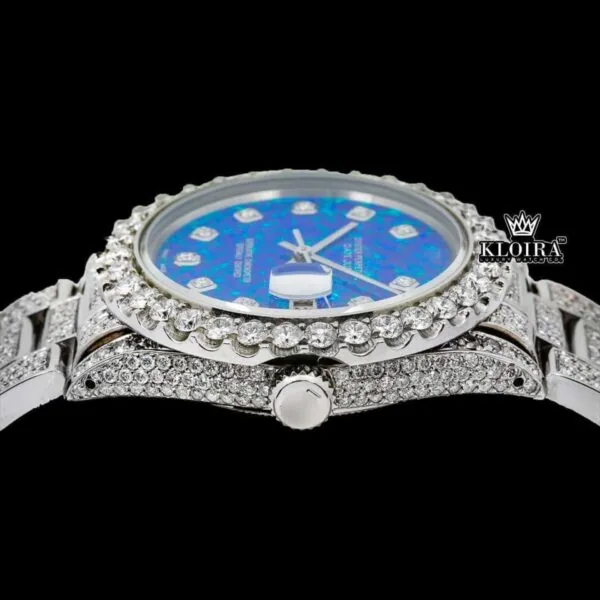 Ocean Blue Dial Diamond Markers Moissanite Diamond Watch Crown View