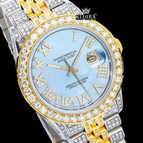 Ocean Blue Dial Roman Numerals Two Tone Moissanite Diamond Watch Close Up Dial View