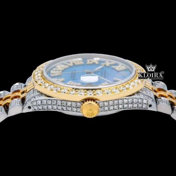Ocean Blue Dial Roman Numerals Two Tone Moissanite Diamond Watch Crown View
