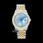 Ocean Blue Dial Roman Numerals Two Tone Moissanite Diamond Watch