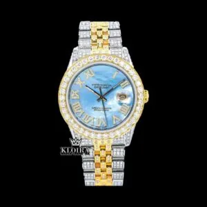 Ocean Blue Dial Roman Numerals Two Tone Moissanite Diamond Watch