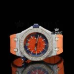 Orange Dial Stick Markers Orange Rubber Strap Moissanite Diamond Watch
