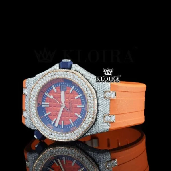 Orange Dial Stick Markers Orange Rubber Strap Moissanite Diamond Watch Left Profile View