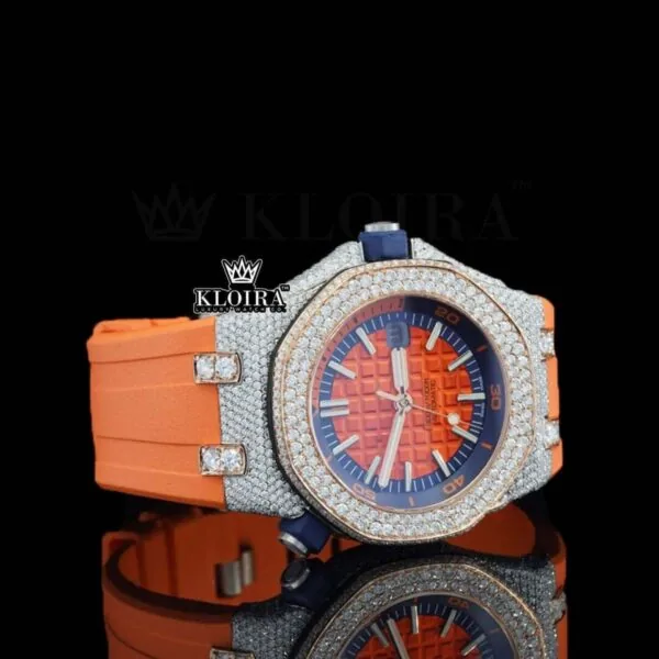 Orange Dial Stick Markers Orange Rubber Strap Moissanite Diamond Watch Right Profile View