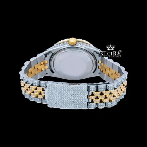 Pearl Green Dial Roman Numerals Two Tone Iced Out Moissanite Watch Caseback View