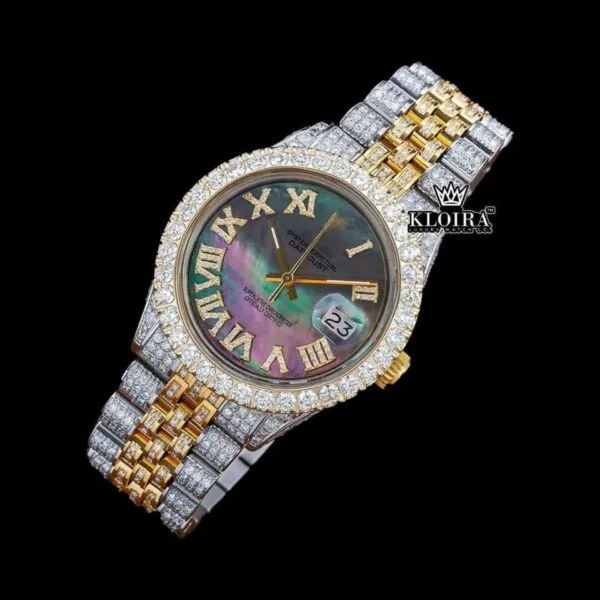 Pearl Green Dial Roman Numerals Two Tone Iced Out Moissanite Watch Close Up Front View