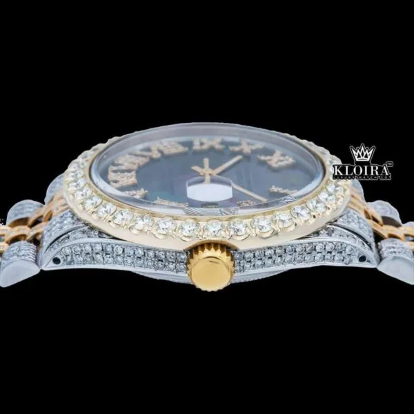 Pearl Green Dial Roman Numerals Two Tone Iced Out Moissanite Watch Crown View