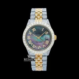 Pearl Green Dial Roman Numerals Two Tone Iced Out Moissanite Watch