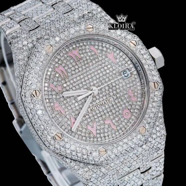 Pink Arabic Numerals Dial Full Iced Out AP Moissanite Watch Close Up Dial View