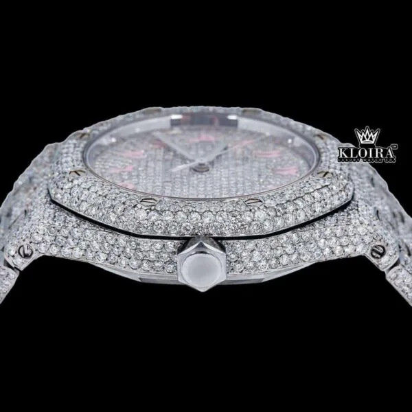 Pink Arabic Numerals Dial Full Iced Out AP Moissanite Watch Crown View