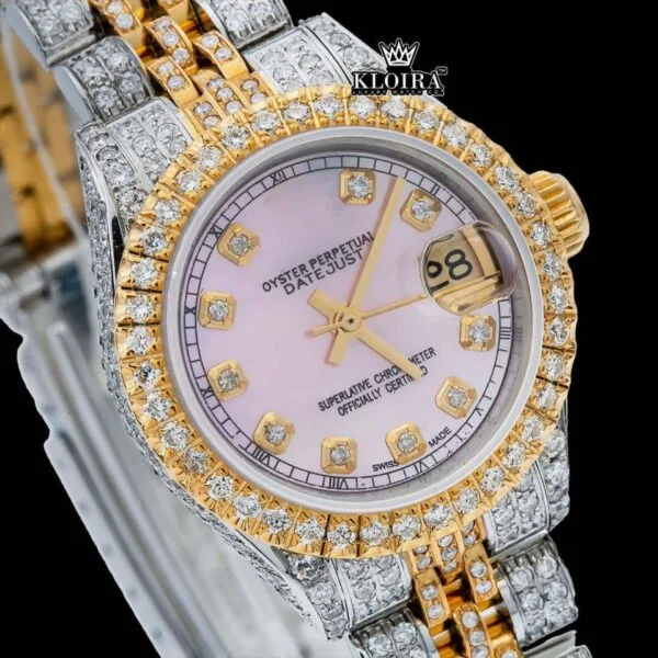 Pink Dial Diamond Markers Two Tone Moissanite Diamond Watch Close Up Dial View