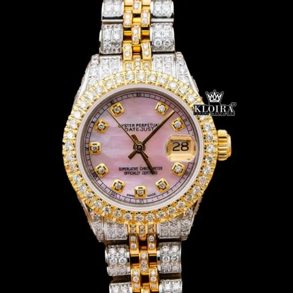 Pink Dial Diamond Markers Two Tone Moissanite Diamond Watch Close Up Front View