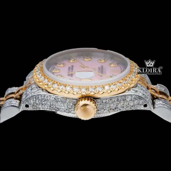 Pink Dial Diamond Markers Two Tone Moissanite Diamond Watch Crown View